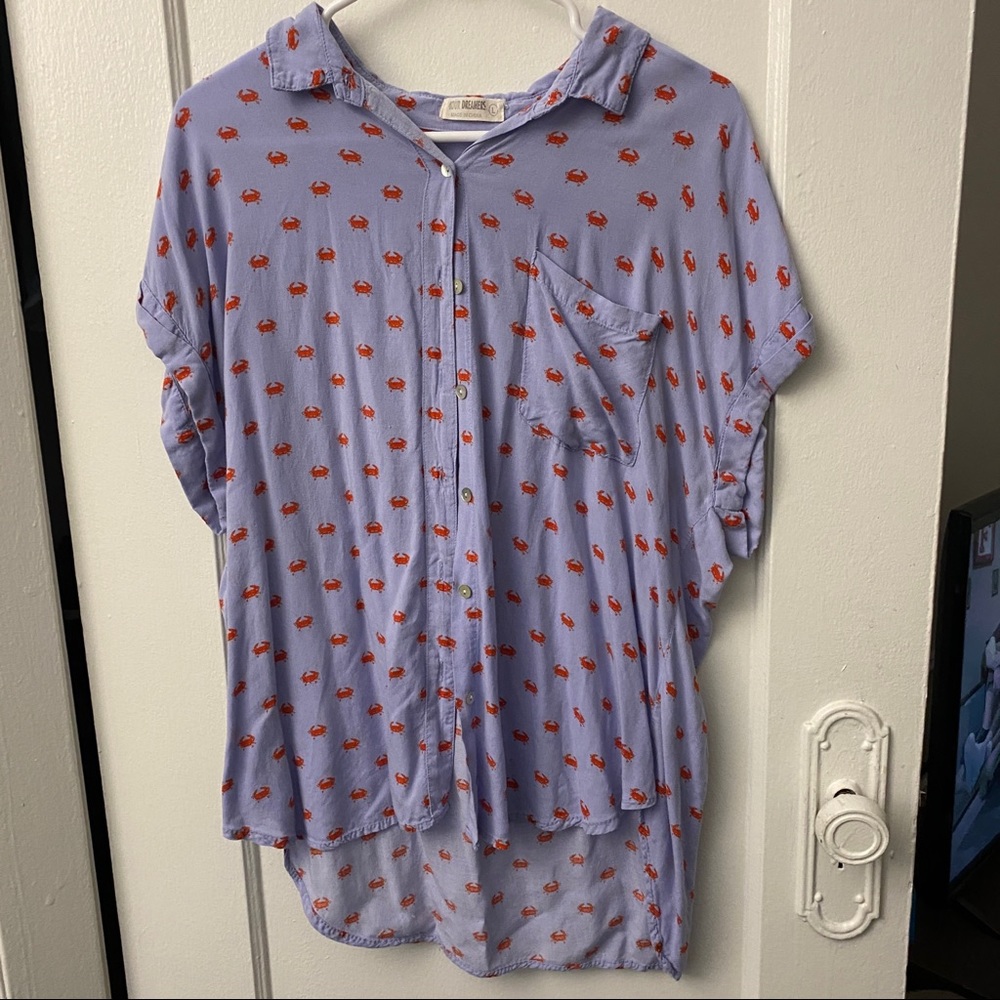 4 Our Dreamers Crab Print Blue Button Front Shirt Sz L